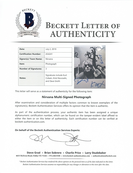 Nirvana Spectacular In-Person Signed 8 x 10 B&W Photograph (John Brennan Collection)(Beckett/BAS LOA)