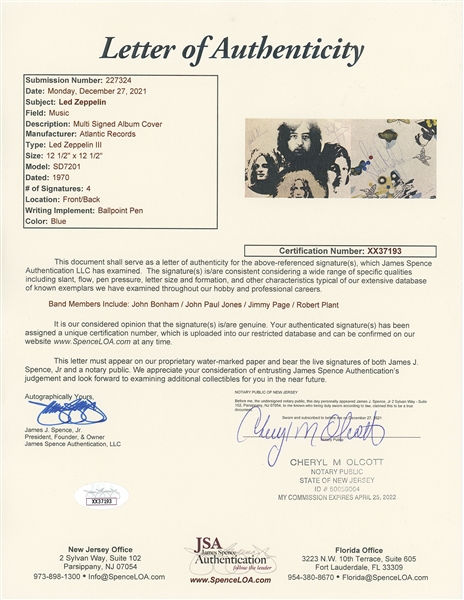 Led Zeppelin Fully Group Signed “Led Zeppelin III” Record Album (4 Sigs) (JSA Authentication) 