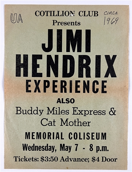 Jimi Hendrix Experience Original 1969 Tuscaloosa Memorial Coliseum 9” x 12” Concert Poster