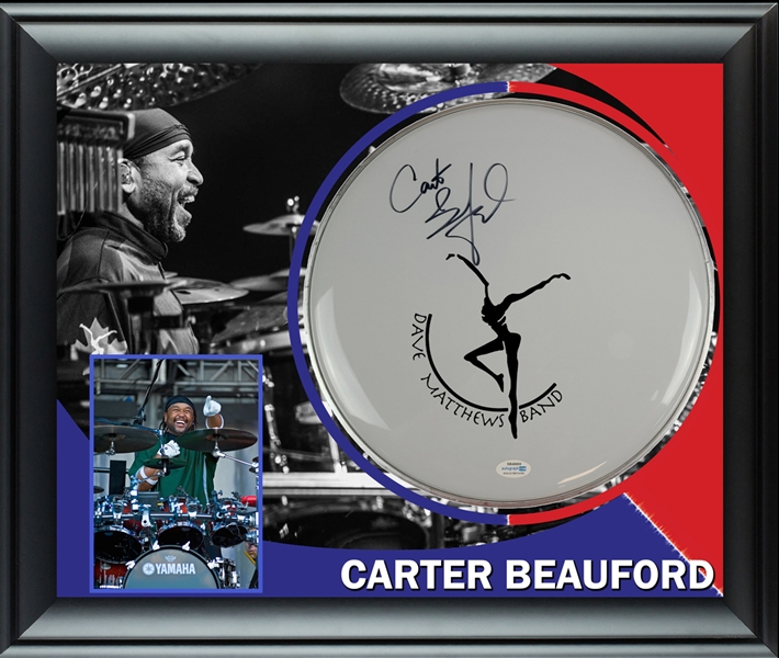 Dave Matthews Band: Carter Beauford Autographed 12” Drumhead Framed Display (ACOA)