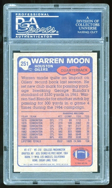 Warren Moon 1985 Topps #251 Oilers Card, GEM MT 10! (PSA Encapsulated)
