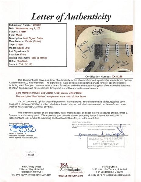 Cream Group Signed Fender Squier Stratocaster Guitar (JSA LOA)