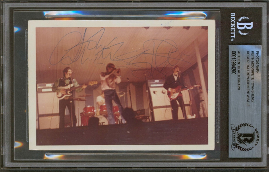 The Who Group Signed 3.5 x 5 Vintage Photo with Moon, etc. (4 Sigs)(Beckett/BAS Encapsulated)