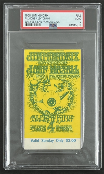 Original 1968 Jimi Hendrix Concert Ticket @ Fillmore Auditorium (PSA/DNA Encapsulated)