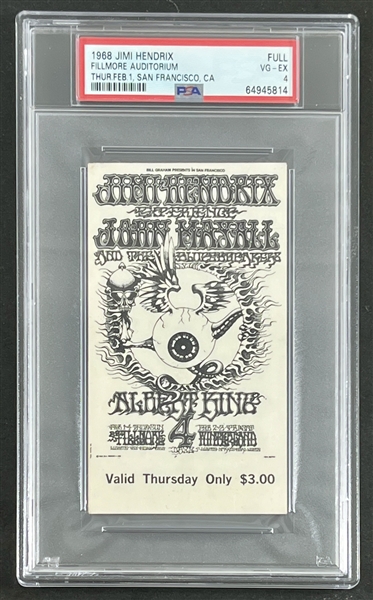 Original 1968 Jimi Hendrix Concert Ticket @ Fillmore Auditorium (PSA/DNA Encapsulated