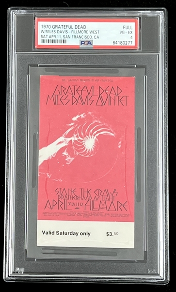 Original 1970 Grateful Dead w/ Miles Davis Concert Ticket @ Fillmore West (PSA/DNA Encapsulated)