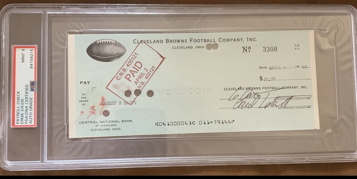 Ernie Davis Signed Cleveland Browns Paycheck - Issued 45 Days Before His Passing! (PSA/DNA MINT 9)
