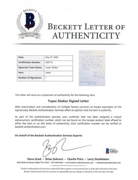 Tupac Shakur Handwritten & Signed 1995 Letter w/ Full Signature & Great Content (Beckett/BAS Authentication) 
