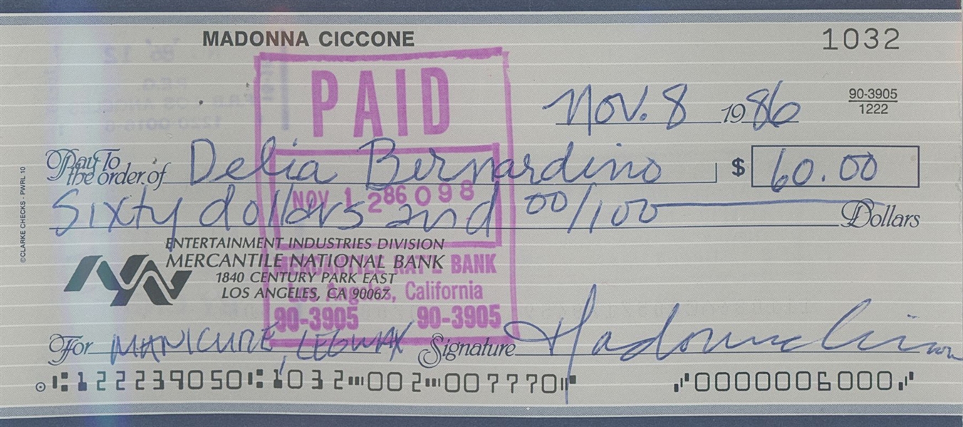 Madonna 1986 Handwritten & Signed Check (Beckett/BAS Encapsulated) 