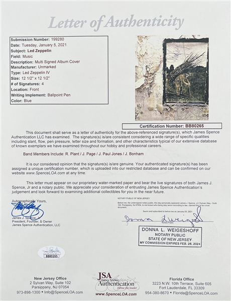 Led Zeppelin Spectacular Group Signed Led Zeppelin IV Record Album - Zep's Most Coveted Signed LP! (JSA LOA)