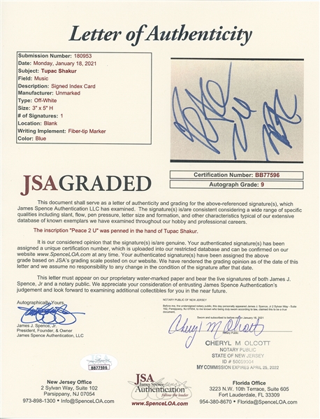 Tupac Shakur Signed 5” x 3 Card with JSA Graded MINT 9 Autograph! (JSA LOA)
