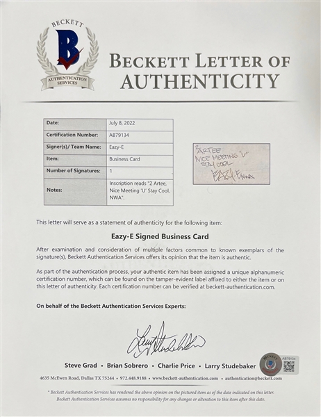 Eazy-E Signed & Inscribed Business Card (Beckett/BAS Encapsulated)