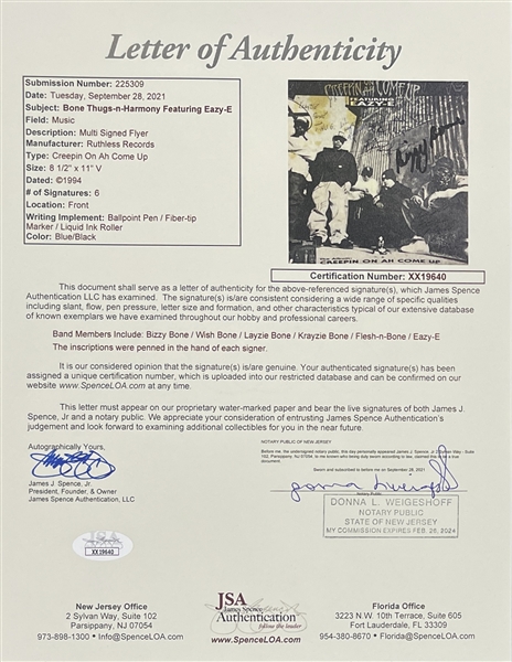 Bone Thugs & Harmony w/ Eazy-E Group Signed Record Promo Advert (JSA LOA)