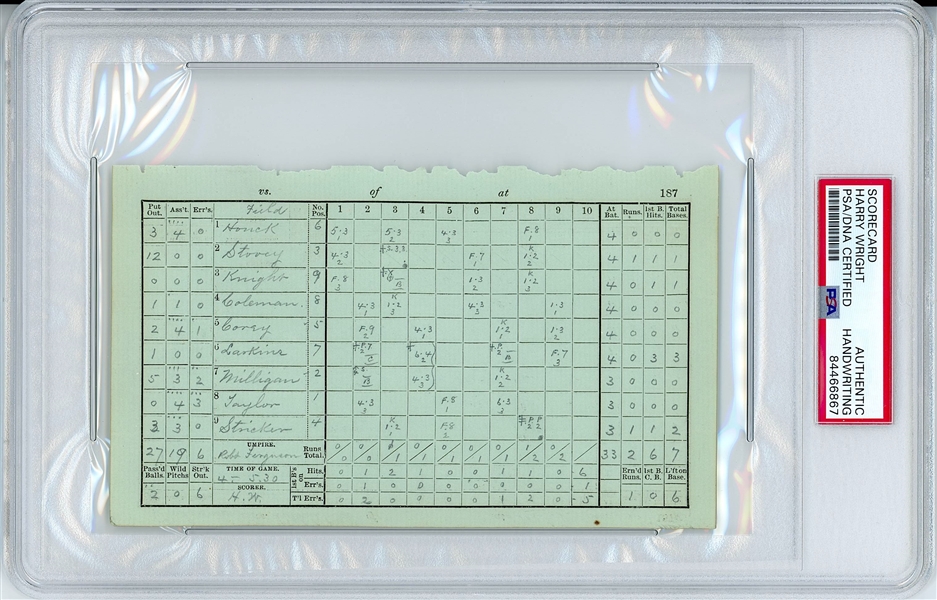 Harry Wright Handwritten and Initials-Signed 1885 Scorecard (PSA Encapsulated) 
