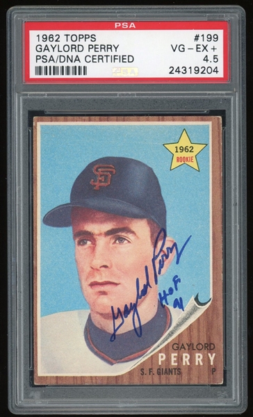 Gaylord Perry Signed 1962 Topps Rookie RC #199 : PSA VG-EX 4.5 (PSA/DNA Encapsulated)