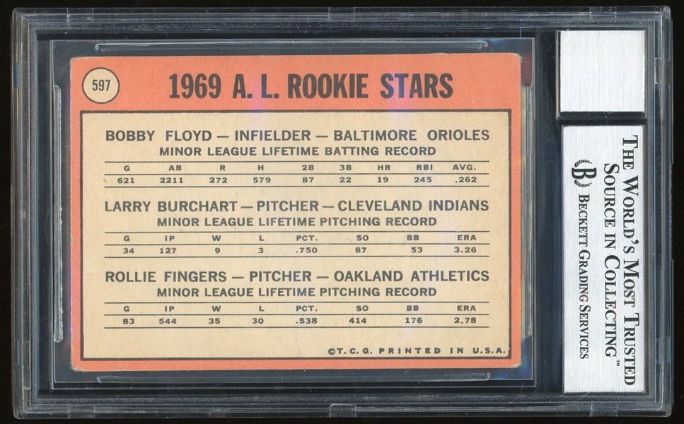 Rollie Fingers Signed 1969 Topps #597 : BAS Auto Gem Mint 10! (Beckett/BAS Encapsulated)