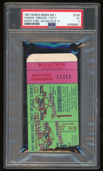 1957 World Series Game 1 Yankees VS Braves Ticket Stub WHITEY FORD WS Win #5, PSA VG 3 (PSA/DNA Encapsulated)