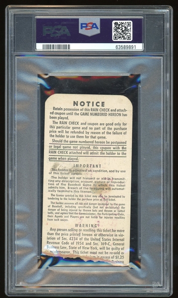 1957 World Series Game 1 Yankees VS Braves Ticket Stub WHITEY FORD WS Win #5, PSA VG 3 (PSA/DNA Encapsulated)