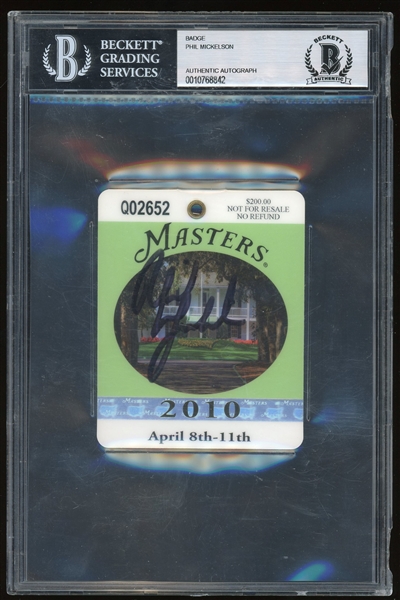 Phil Mickelson Signed 2010 Masters Tournament Badge (Beckett/BAS Encapsulated)