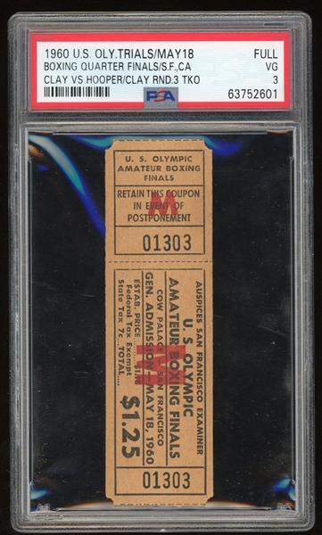 Cassius Clay (Ali) VS. Henry Hooper 1960 Olympic Trial Full Ticket (PSA/DNA VG 3)