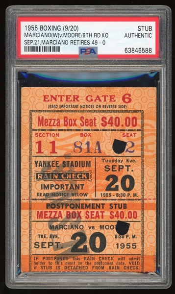 1955 Rocky Marciano vs. Archie Moore Boxing Match Ticket Stub :: Marciano Retires 49-0 (PSA/DNA Encapsulated)