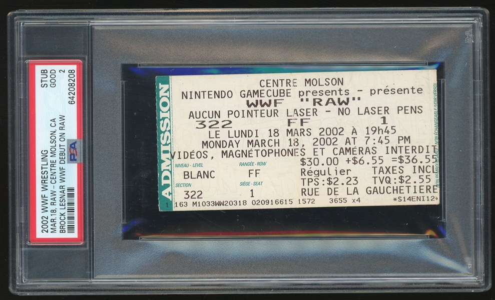 2002 Brock Lesnar WWF Debut on Raw Ticket Stub (PSA/DNA Encapsulated)