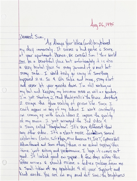 Tupac Shakur Handwritten 2-Page Letter with Incredible Content Discussing His Career Behind Bars & Reading The Prince by Machiavelli - The Inspiration for Makaveli! (JSA LOAs)
