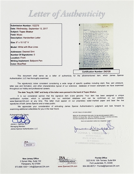 Tupac Shakur Handwritten 2-Page Letter with Incredible Content Discussing His Career Behind Bars & Reading The Prince by Machiavelli - The Inspiration for Makaveli! (JSA LOAs)