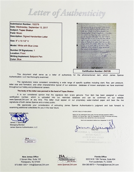 Tupac Shakur Handwritten 2-Page Letter with Incredible Content Discussing His Career Behind Bars & Reading The Prince by Machiavelli - The Inspiration for Makaveli! (JSA LOAs)