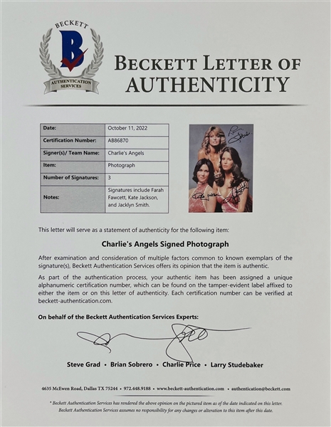 Charlie's Angels RARE Multi-Signed 8 x 10 Photo w/ Fawcett, Jackson, & Smith (3 Sigs)(Beckett/BAS)
