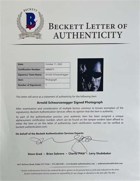 Arnold Schwarzenegger Signed 11 x 14 Color Photograph as The Terminator (Beckett/BAS LOA)