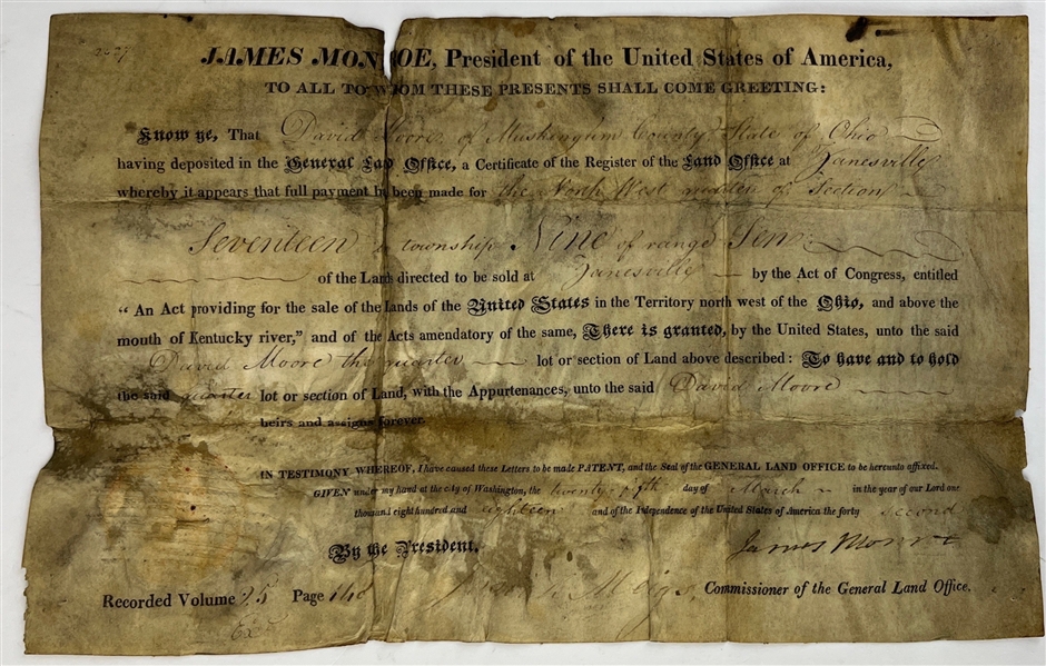 President James Monroe Signed 1818 Land Grant Document (Beckett/BAS)