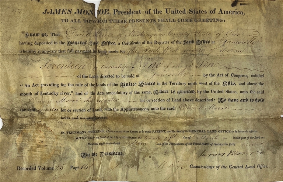 President James Monroe Signed 1818 Land Grant Document (Beckett/BAS)
