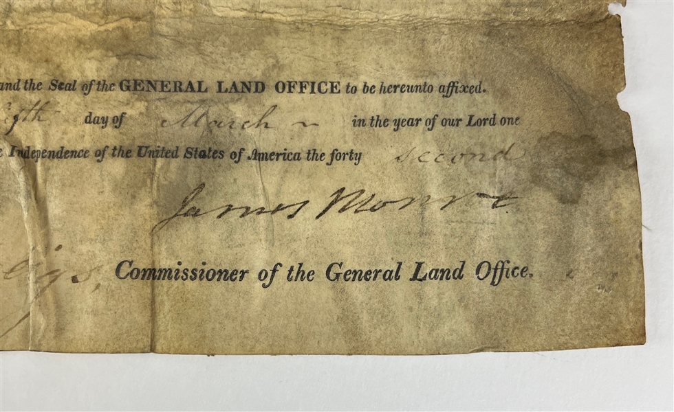 President James Monroe Signed 1818 Land Grant Document (Beckett/BAS)