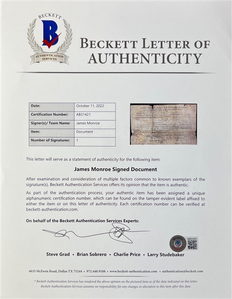 President James Monroe Signed 1818 Land Grant Document (Beckett/BAS)