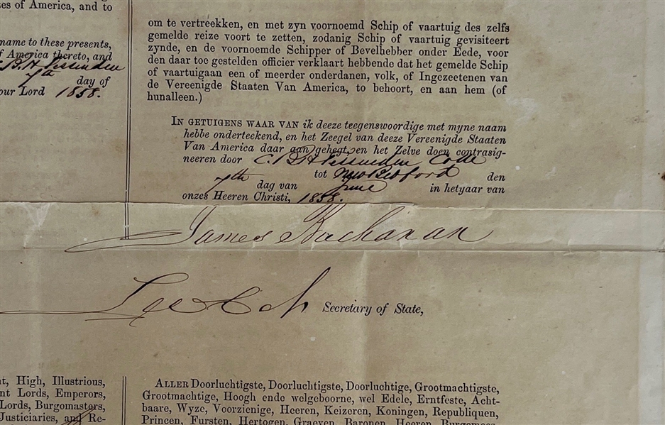 President James Buchanan RARE Signed Presidential Four Language Ship's Papers (Beckett/BAS LOA)