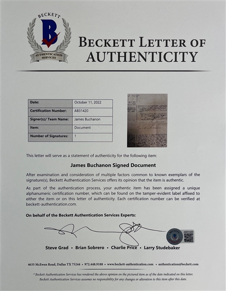 President James Buchanan RARE Signed Presidential Four Language Ship's Papers (Beckett/BAS LOA)