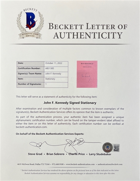 President John F. Kennedy Signed 4 x 5.25 U.S. Senate Stationary Page (Beckett/BAS LOA)