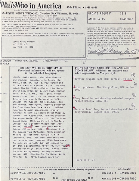 Jim Henson Signed 1987 Who's Who in America Reference Sheet w/ RARE Full Name Signature (Beckett/BAS)