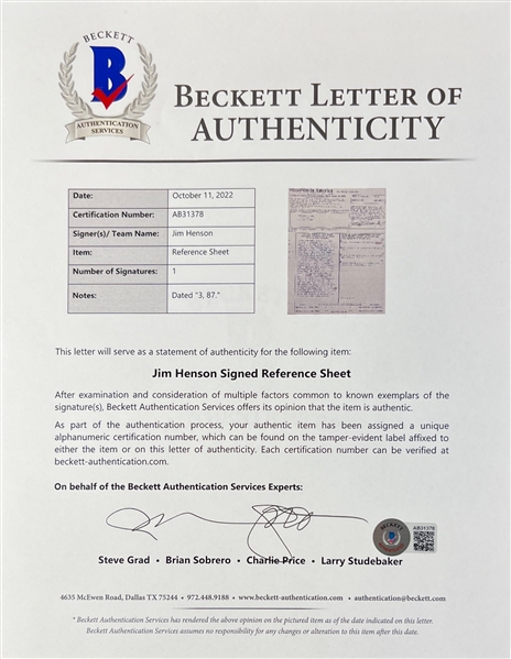 Jim Henson Signed 1987 Who's Who in America Reference Sheet w/ RARE Full Name Signature (Beckett/BAS)
