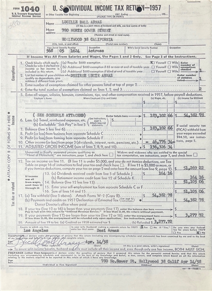 Lucille Ball Arnaz Signed 1957 Tax Return Document (BAS/Beckett)