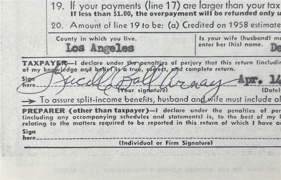 Lucille Ball Arnaz Signed 1957 Tax Return Document (BAS/Beckett)