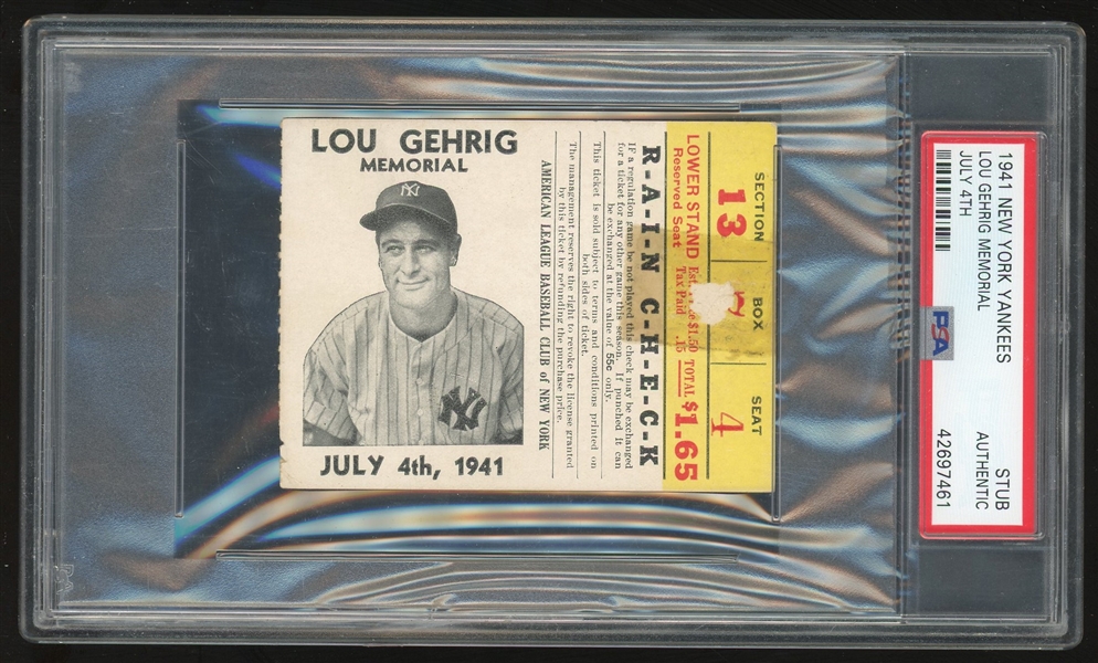 Lou Gehrig Memorial 1941 NY Yankees Ticket Stub (PSA/DNA)