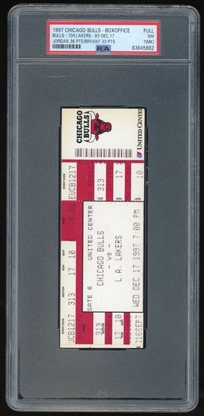 1997 Bulls Vs. Lakers Full Ticket :: Jordan 36 PTS & Bryant 33 PTS! (PSA/DNA)