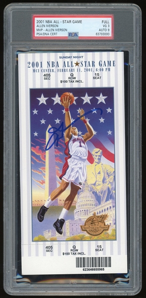MVP Allen Iverson Signed 2001 NBA All-Star Game Full Ticket w/ Auto Mint 9! (PSA/DNA)