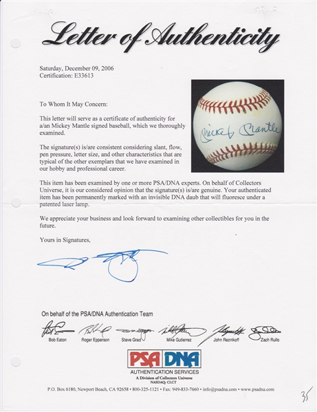Mickey Mantle RARE Signed Official American League – Gene Budig Baseball (PSA/DNA LOA) 