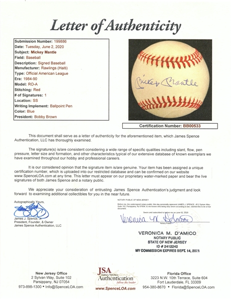 Mickey Mantle Signed Official American League Baseball (JSA LOA) 