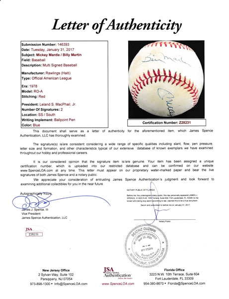 Mickey Mantle & Billy Martin Dual Signed OAL Lee MacPhail NY Yankees Baseball (JSA LOA) 