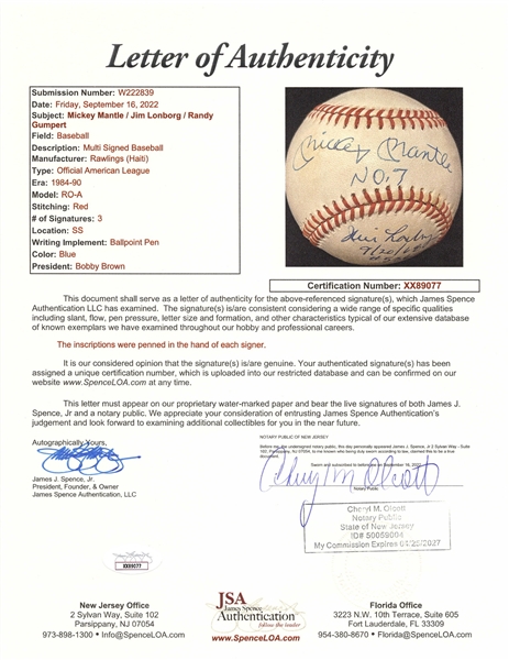 Mickey Mantle # 7 Signed & Inscribed Baseball Including Gumpert & Lonborg - His 1st and Last Home Run Pitchers (JSA LOA) 