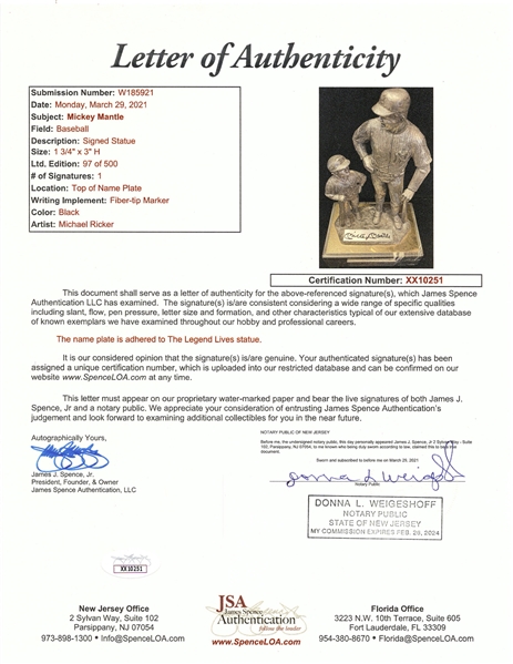 Mickey Mantle signed 10.5” Pewter Sculpture Titled The Legend Lives Mickey Mantle LE # 97 of 500 (JSA LOA) 